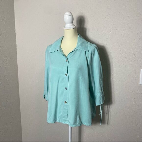 By JJ 100% Tencell Cyan 3/4 Roll Tab Sleeve Button Up Shirt Women's Size Medium - Picture 16 of 16